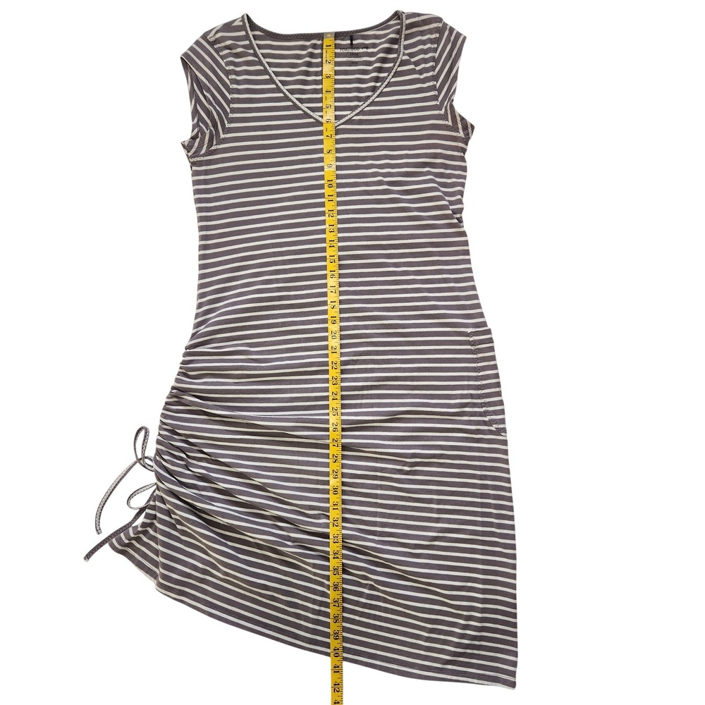 Toad&Co Muse Midi Large Striped V-Neck Cinched Ruched Side Knit Dress Grey White - Picture 9 of 10